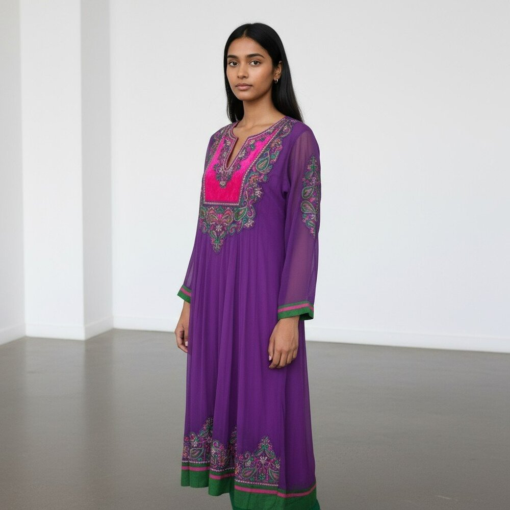 Punjabi Suit L Purple Sheer Embroidered Top + Green Leggings Desi Fusion Y2K